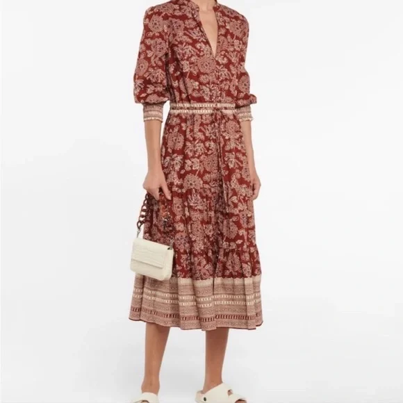 New Veronica Beard Swedie Red rust Floral Cotton Border Print Midi Dress paisley - Picture 7 of 15